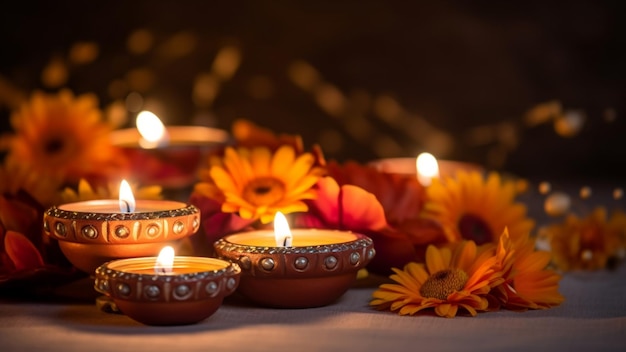 Schöne Diyas liegen auf dem Tisch und sind mit Blumen beleuchtet, voll HD-Hintergrund