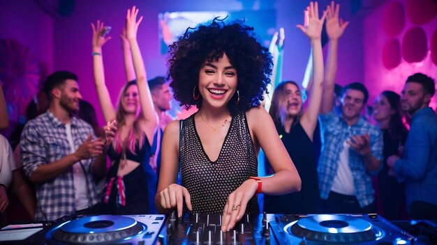 Schöne DJ-Frau, die sich am Clubparty amüsiert und Musik spielt