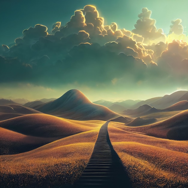 Schöne dramatische mysteriöse Landschaft mit spirituellem Weg zum Himmel Digitale 3D-Illustration