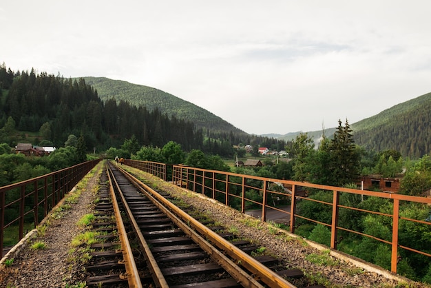 Schöne Eisenbahnbrücke aus Metall in den Bergen Landschaftshintergrund