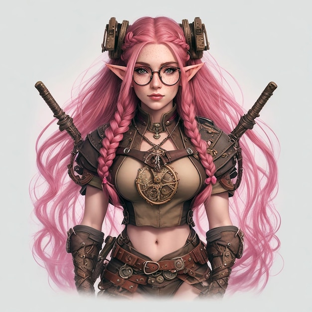 Schöne Elf posieren mit Sommersprossen und Brille und langen rosa Haaren geflochten Krieger Steampunk