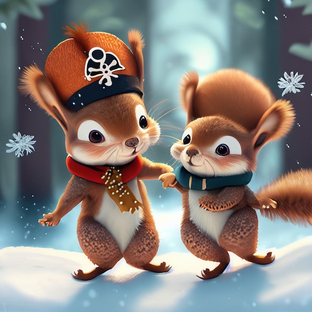 Schöne, entzückende zwei Babyschweinchen, die im Schnee im Wald tanzen, dargestellt im Stil von Animationsfilmen.