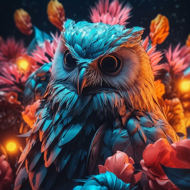 Schöne Eule auf dem Hintergrund von Blumen 3D-Illustration