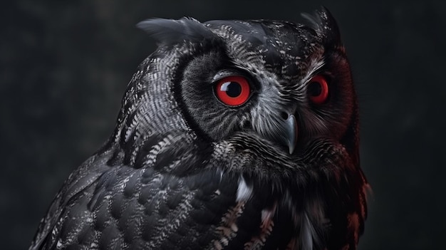 Schöne Eule mit roten Augen auf schwarzem Hintergrund Nahaufnahmegenerative KI