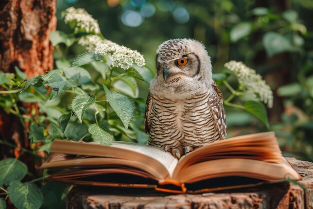 Schöne Eule sitzt auf einem offenen Buch in einer natürlichen Umgebung im Freien mit üppigem Grün