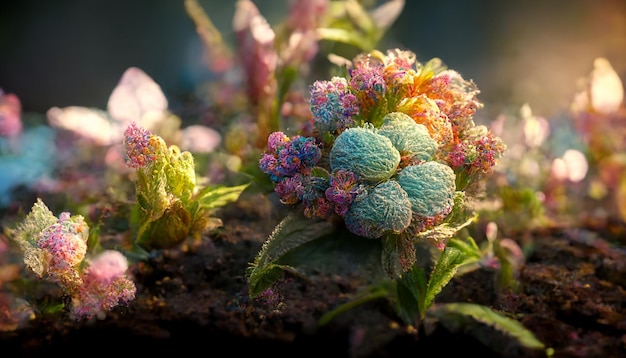 Schöne exotische Blumen und exotische Pflanzen in verschiedenen Farbtönen in Nahaufnahme, 3D-Rendering