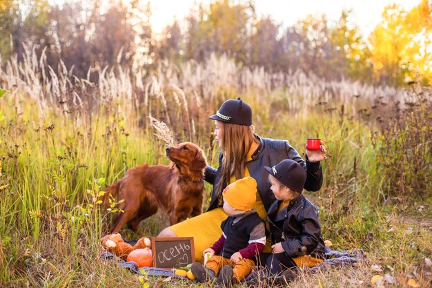 Schöne Familie mit einem Golden Retriever Hund auf einem Spaziergang in der sonnigen Natur des Herbstes