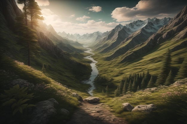 Schöne Fantasie-Landschaft mit einem Fluss in den Bergen ai generative