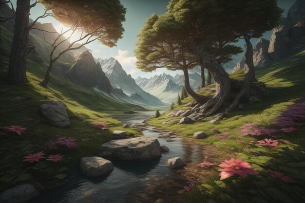 Schöne Fantasy-Landschaft mit einem Fluss in den Bergen ai generative
