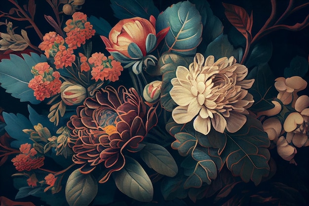 Schöne Fantasy Vintage Tapete botanische Blumenstraußgenerative ai
