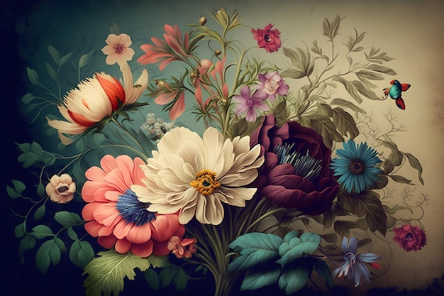 Schöne Fantasy-Vintage-Tapete botanischer Blumenstrauß Generative AI