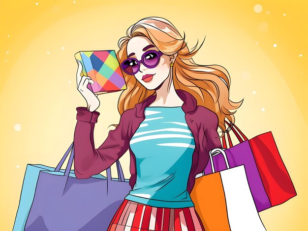 Schöne farbenfrohe digitale Kunstgestaltung einer Dame, die Einkaufstaschen in Doodle-Linien-Kunstillustration trägt