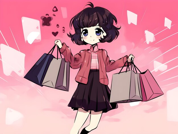 Foto schöne farbenfrohe digitale kunstgestaltung einer dame, die einkaufstaschen in einer anime-illustration trägt