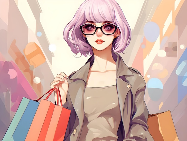 Foto schöne farbenfrohe digitale kunstgestaltung einer dame, die einkaufstaschen in einer anime-illustration trägt