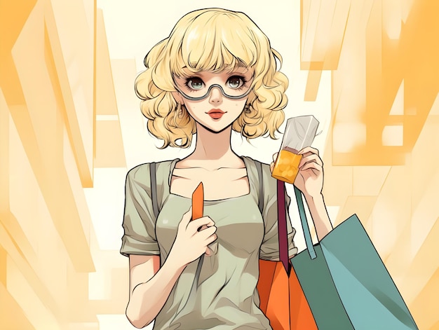 Schöne farbenfrohe digitale Kunstgestaltung einer Dame, die Einkaufstaschen in einer Anime-Illustration trägt