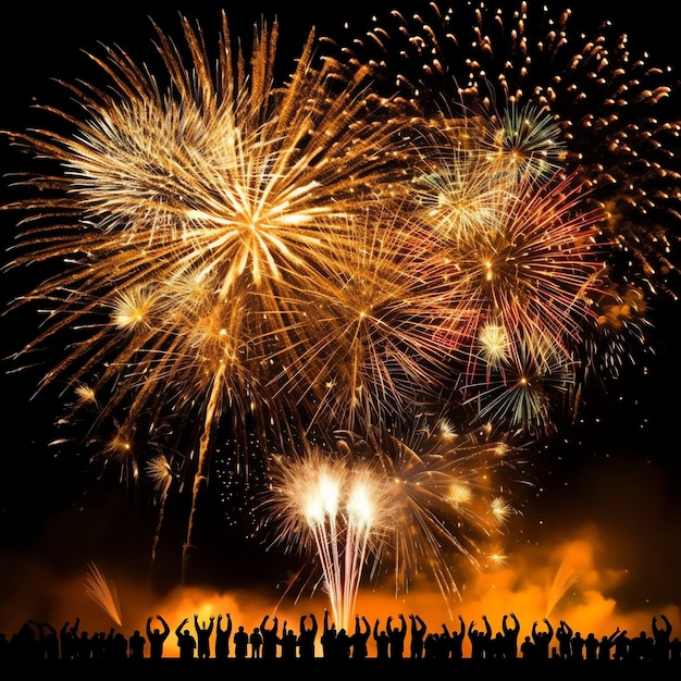 Schöne farbenfrohe Feuerwerksshow am Nachthimmel zur Feier des frohen Neujahrs Party und Kopierraum