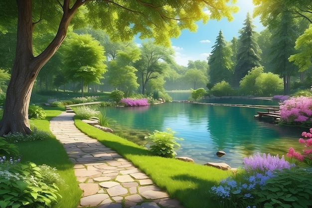 Schöne farbenfrohe Frühlingslandschaft im Sommer mit einem See im Park, umgeben von grünem Laub von Bäumen im Sonnenlicht und einem Steinweg im Vordergrund
