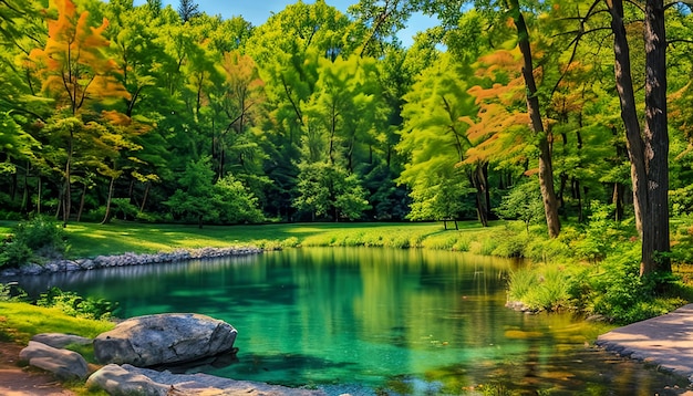 Foto schöne farbenfrohe sommer-frühlings-naturlandschaft mit einem see im park, umgeben von grünem laub