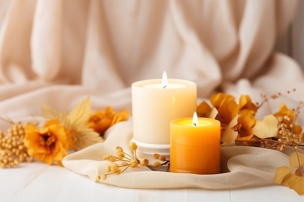 Schöne farbige duftende Kerzen für die Entspannung auf einem weißen Holztisch