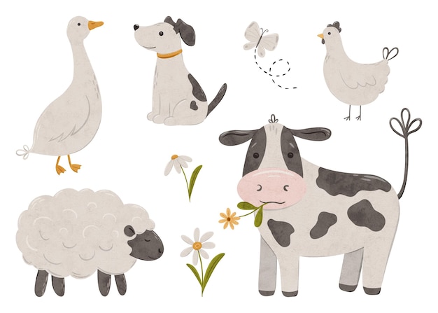 Schöne Farmtiere Sammlung flach Tier Illustration Kuh Schaf Huhn Hund Gans Schmetterling und