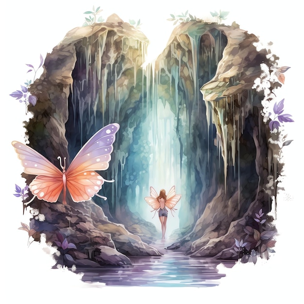 schöne Fee in magischer Wasserfall mit einer versteckten Höhle dahinter Aquarell Fantasy Märchen