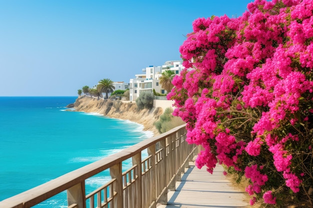 Schöne Ferienortpromenade mit blühenden bunten Blumen