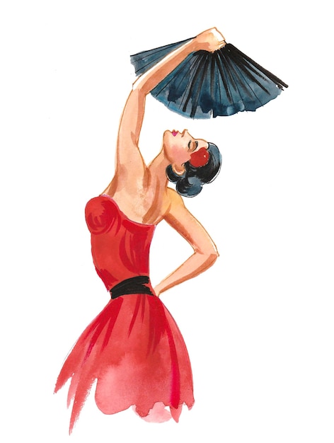 Foto schöne flamenco-tänzerin. tusche- und aquarellzeichnung