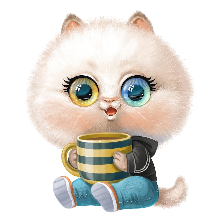 Foto schöne, flauschige cartoon-kätzchen mit einer tasse kaffee oder tee in den pfoten sitzt auf weißem hintergrund