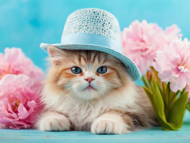 Schöne flauschige Katze in einem Hut mit frischen Frühlingsblumen auf pastellfarbenem Hintergrund