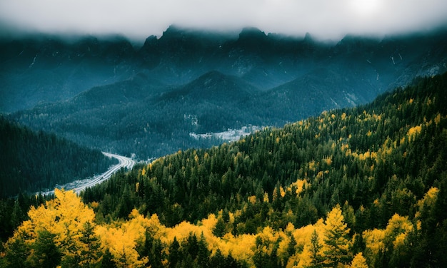 Schöne Fotoaufnahme von grasbewachsenen Hügeln, die mit Bäumen in der Nähe von Bergen bedeckt sind