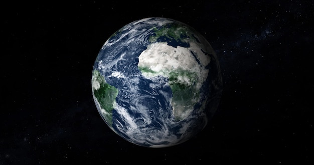 Schöne fotorealistische 3D-Erde im Weltraum Vorderansicht der Erde aus dem Weltraum mit Wolken und grünen Landschaften Vollansicht Erde 4K-Auflösung