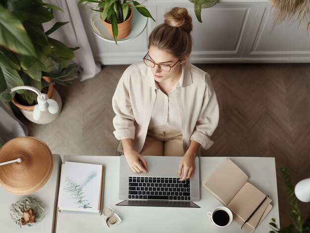 Schöne Frau arbeitet von zu Hause aus auf einem Laptop.