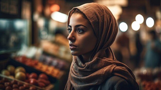 Schöne Frau auf einem verschwommenen Hintergrund des Marktes selektiver Fokusmodell