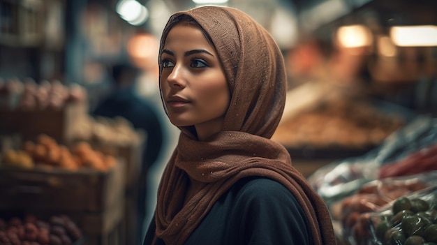 Schöne Frau auf einem verschwommenen Hintergrund des Marktes selektiver Fokusmodell