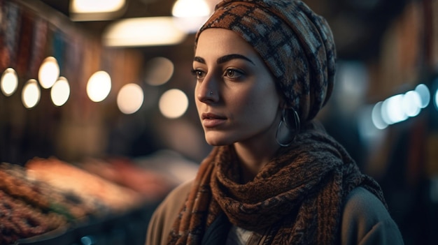 Schöne Frau auf einem verschwommenen Hintergrund des Marktes selektiver Fokusmodell