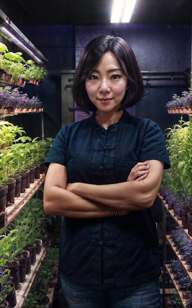 Schöne Frau bei LED Vertical Farming Plant Generative AI