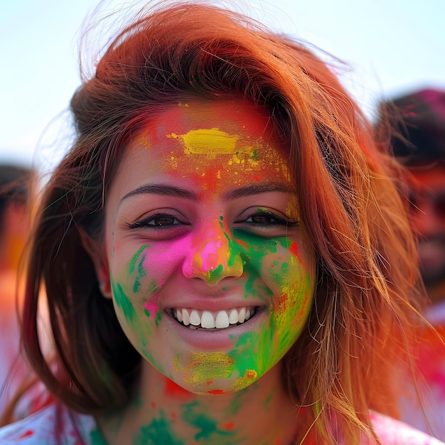 Schöne Frau beim Holi-Festival mit farbenfrohem Pulver oder Farbe im Gesicht