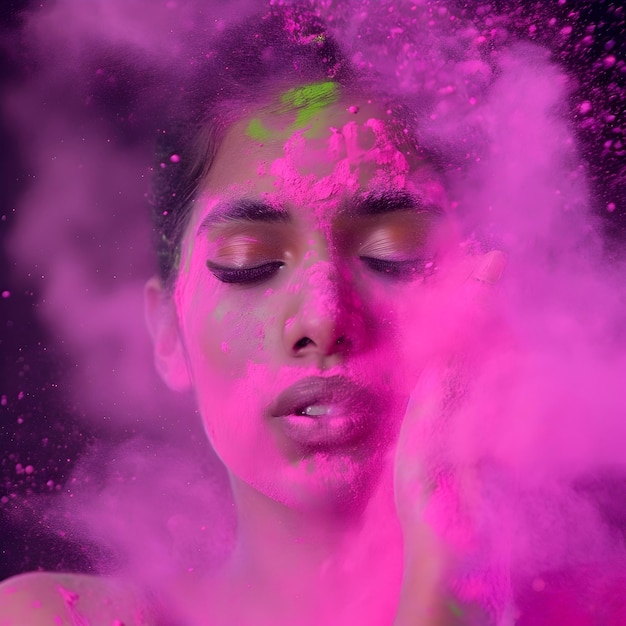 Schöne Frau beim Holi-Festival mit farbenfrohem Pulver oder Farbe im Gesicht