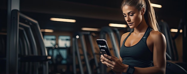 Schöne Frau benutzt ein Smartphone während der Fitnessübung oder des Trainings Fitness-Technologie-Konzept Kopierraum für Text