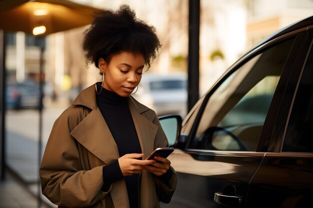 Schöne Frau benutzt eine mobile App auf dem Telefon auf der Straße