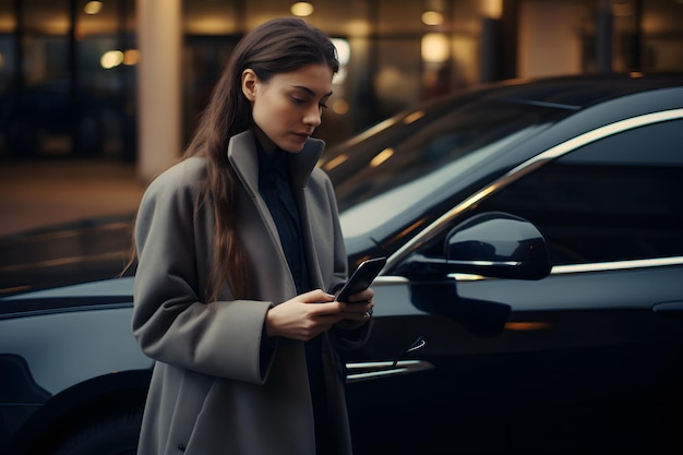 Schöne Frau benutzt eine mobile App auf dem Telefon auf der Straße