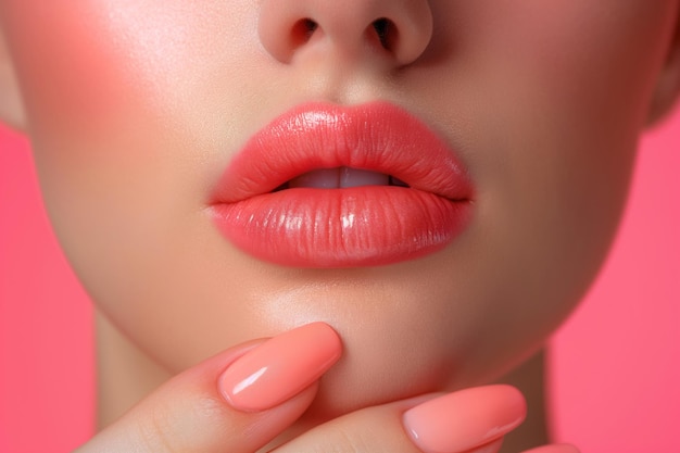 Schöne Frau berührt ihr Gesicht mit perfektem professionellen Make-up in Nahaufnahme auf rosa Hintergrund