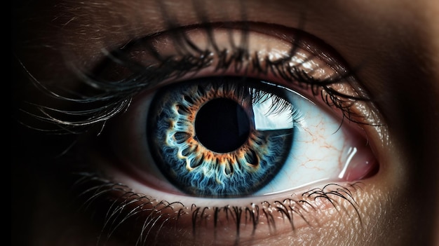 Schöne Frau, blaues Auge mit Nahaufnahme der Iris. Makro menschlicher Augapfel. Generative KI