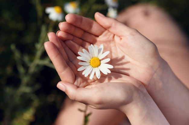 Schöne Frau, die Feld genießt, hübsches Mädchen mit dunklem Haar, das sich im Freien entspannt, Spaß hat, Pflanze hält, glückliche junge Dame und frühlingsgrüne Natur, Harmoniekonzept