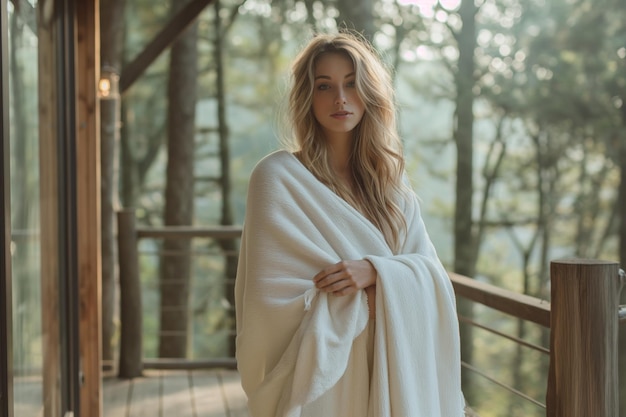 Schöne Frau, die in eine Decke gewickelt ist und auf der Terrasse eines Holzhauses im Kiefernwald Resort steht