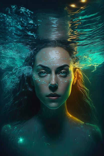 Schöne Frau, die in einem biolumineszierenden Luxuspool AIGerated schwimmt