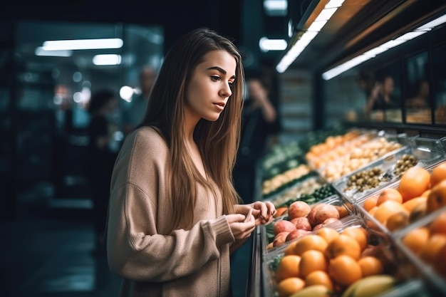 Schöne Frau, die Lebensmittel in einem Obstladen kauft