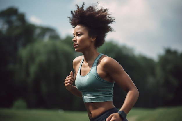 Schöne Frau, die Mädchen trainiert, läuft, afrikanischer Park, Athlet, Sport, Fitness, amerikanisch, generative KI