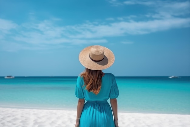 Schöne Frau, die vor dem Strand steht, fühlt sich im Sommer entspannt und frei