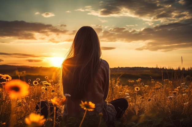 Schöne Frau entspannt sich auf einer Wiese mit Blumen am Sonnenuntergangshimmel